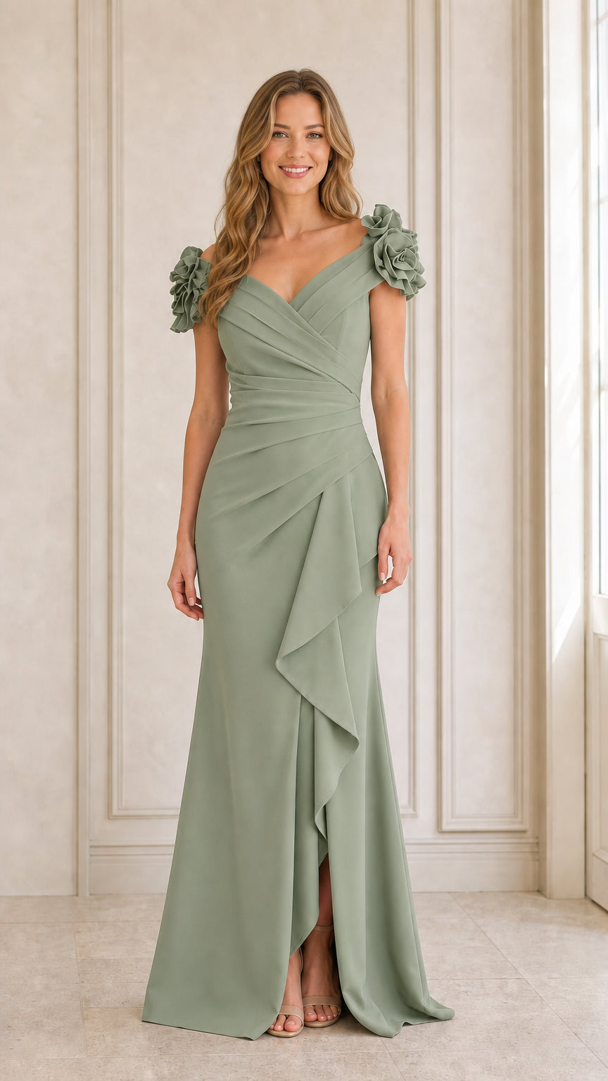 Sage evening dress front view on model