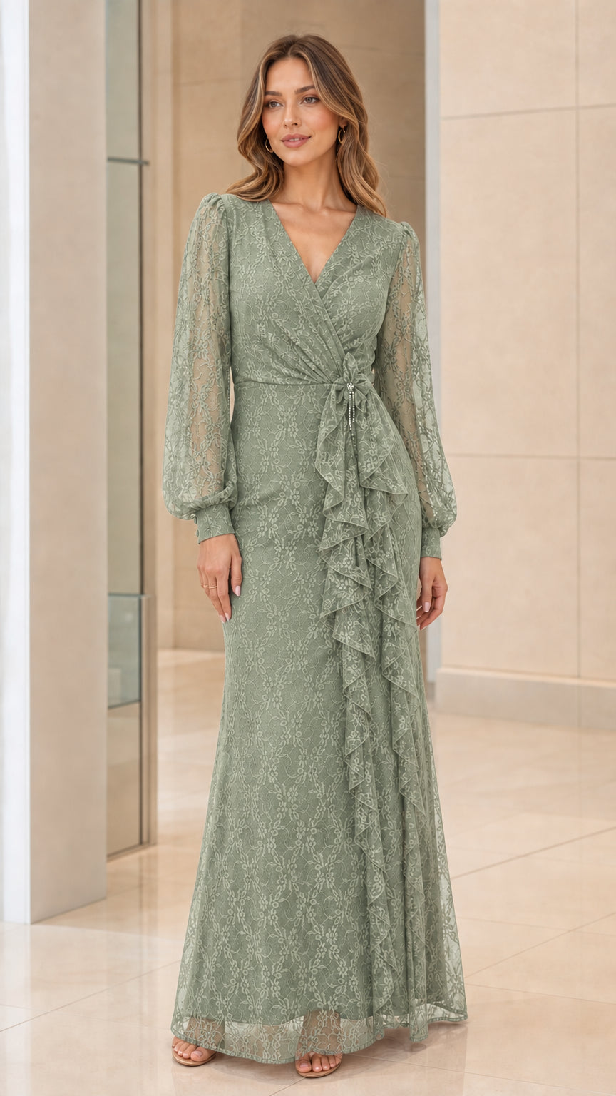 Front view of sage green lace long-sleeve maxi dress