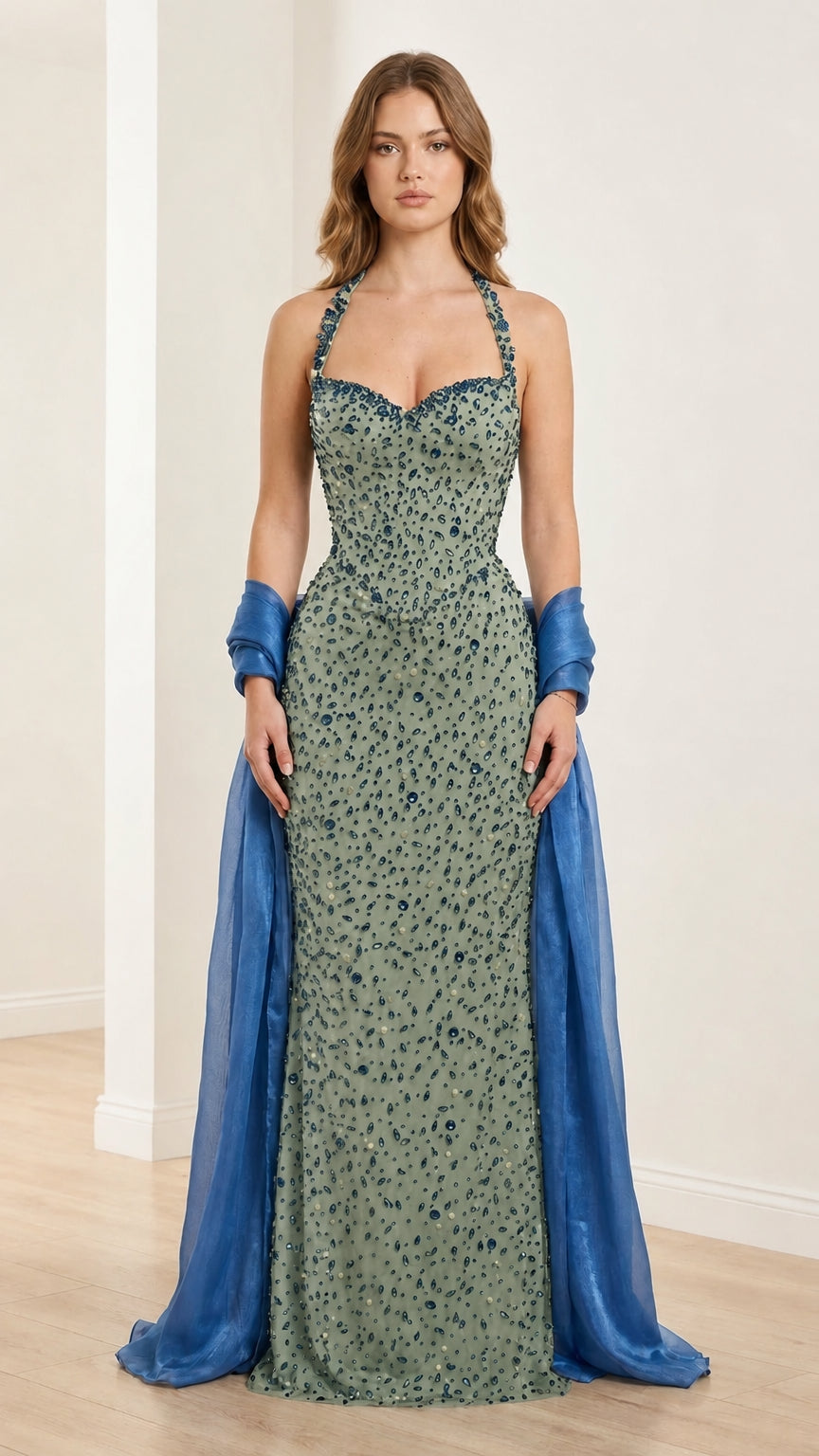 Front view of sage green embellished halter evening gown