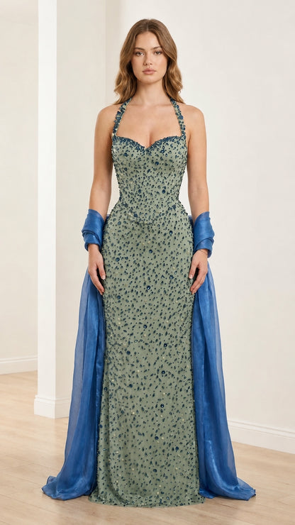 Front view of sage green embellished halter evening gown