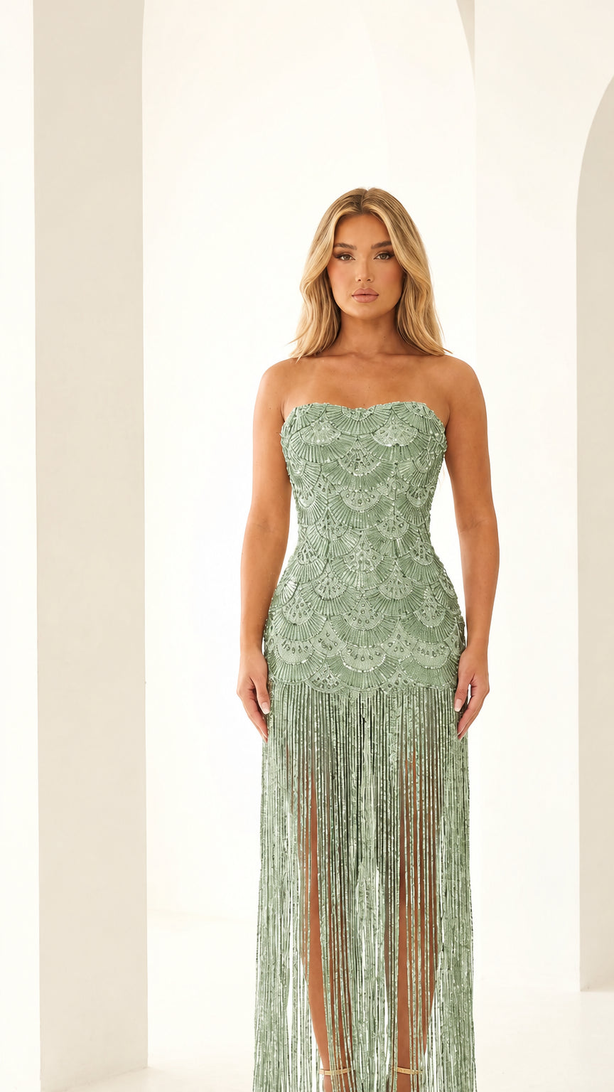 Front view of sage green beaded fringe evening gown