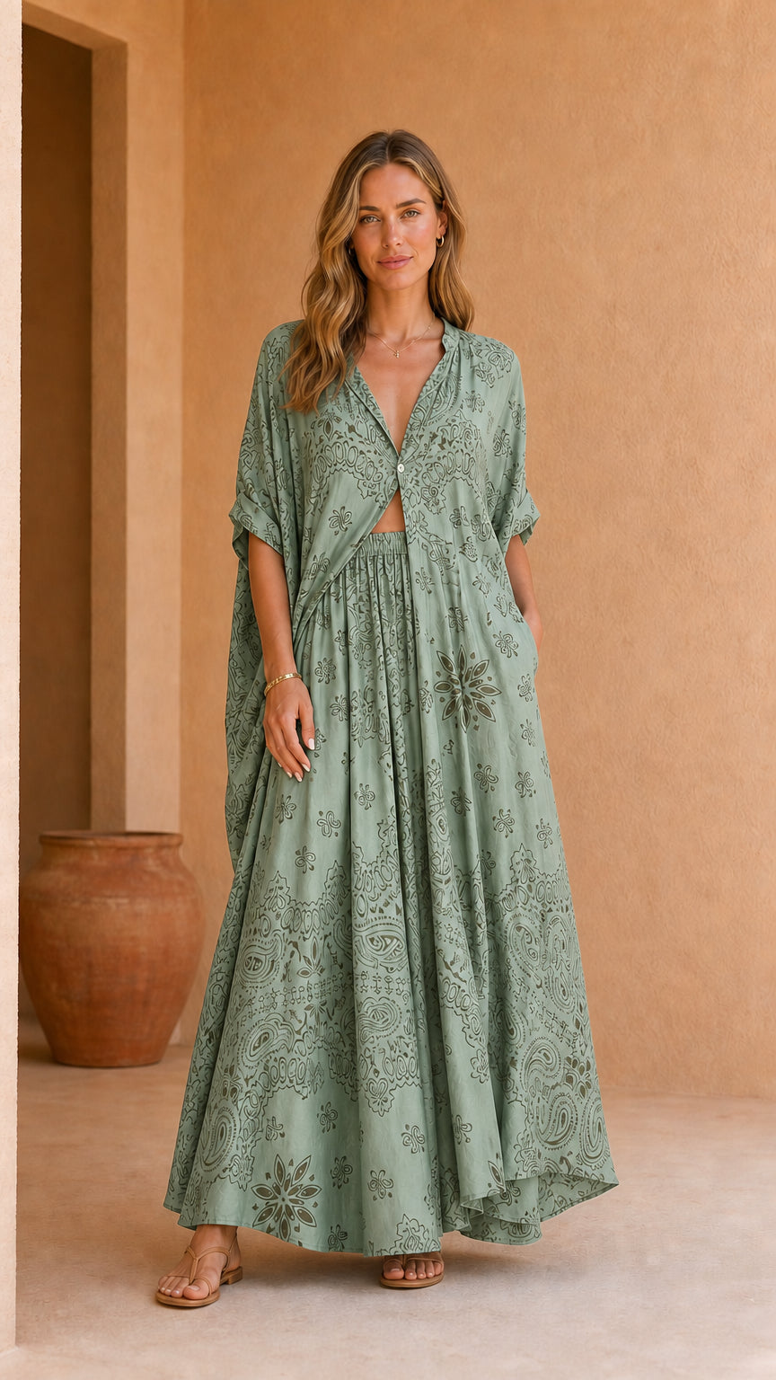 Model wearing sage green printed two-piece kaftan and maxi skirt set