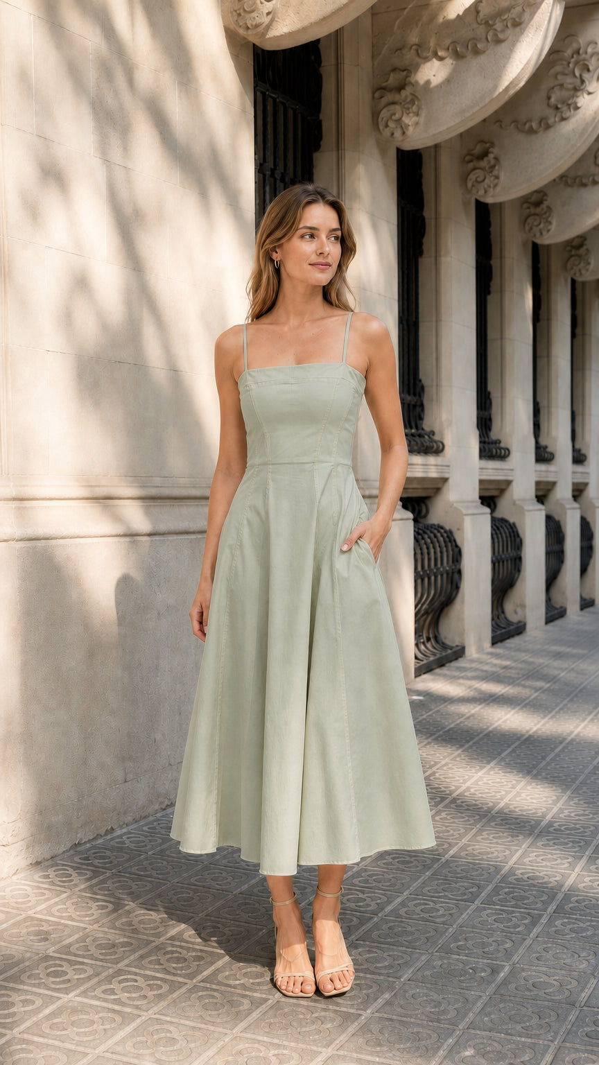 Full view of woman wearing sage green midi dress with pockets