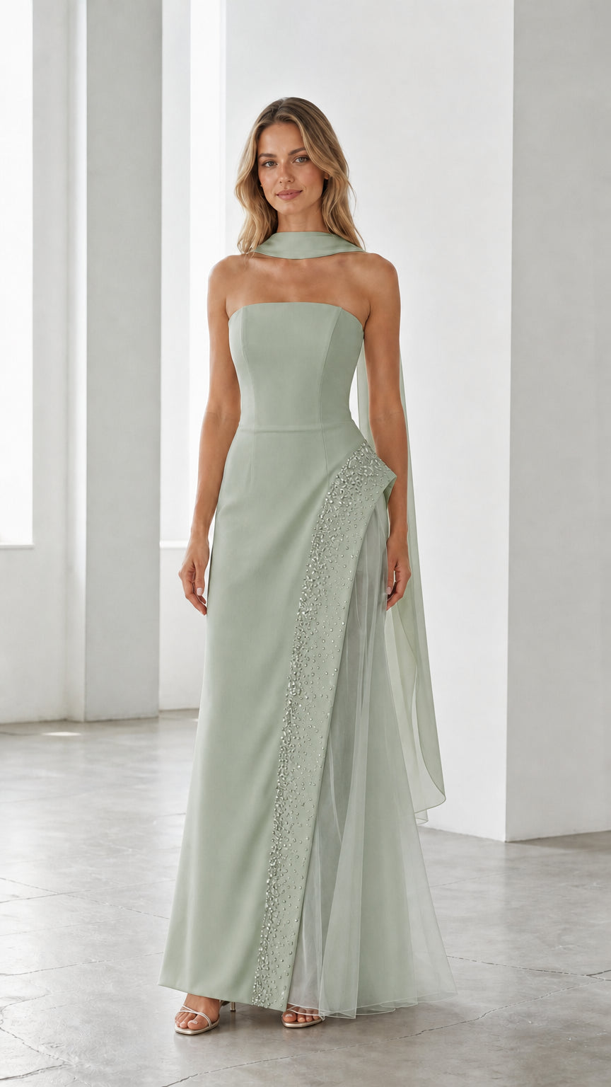 Sage green strapless evening gown with matching scarf