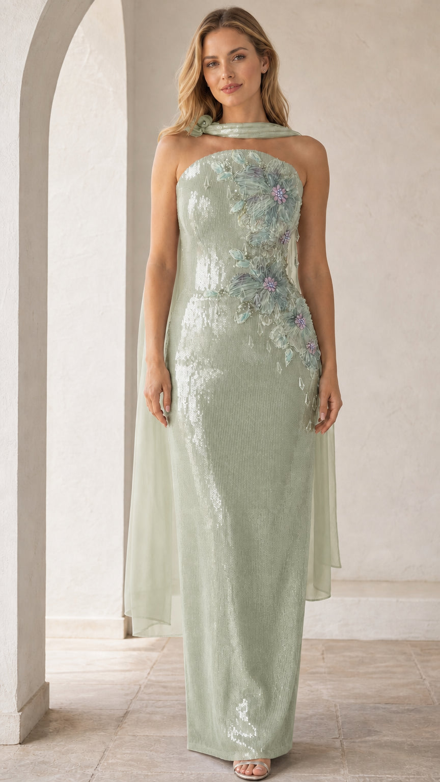 Sage green version of the floral applique sequin evening gown