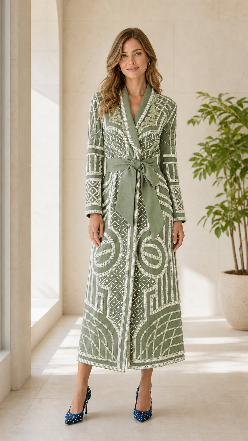 Front view of sage green geometric embroidered long coat