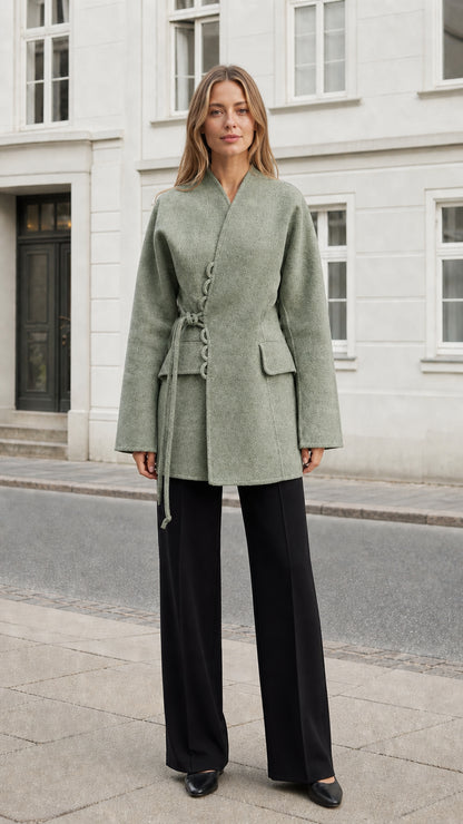 Front view of the women's sage green belted wrap coat