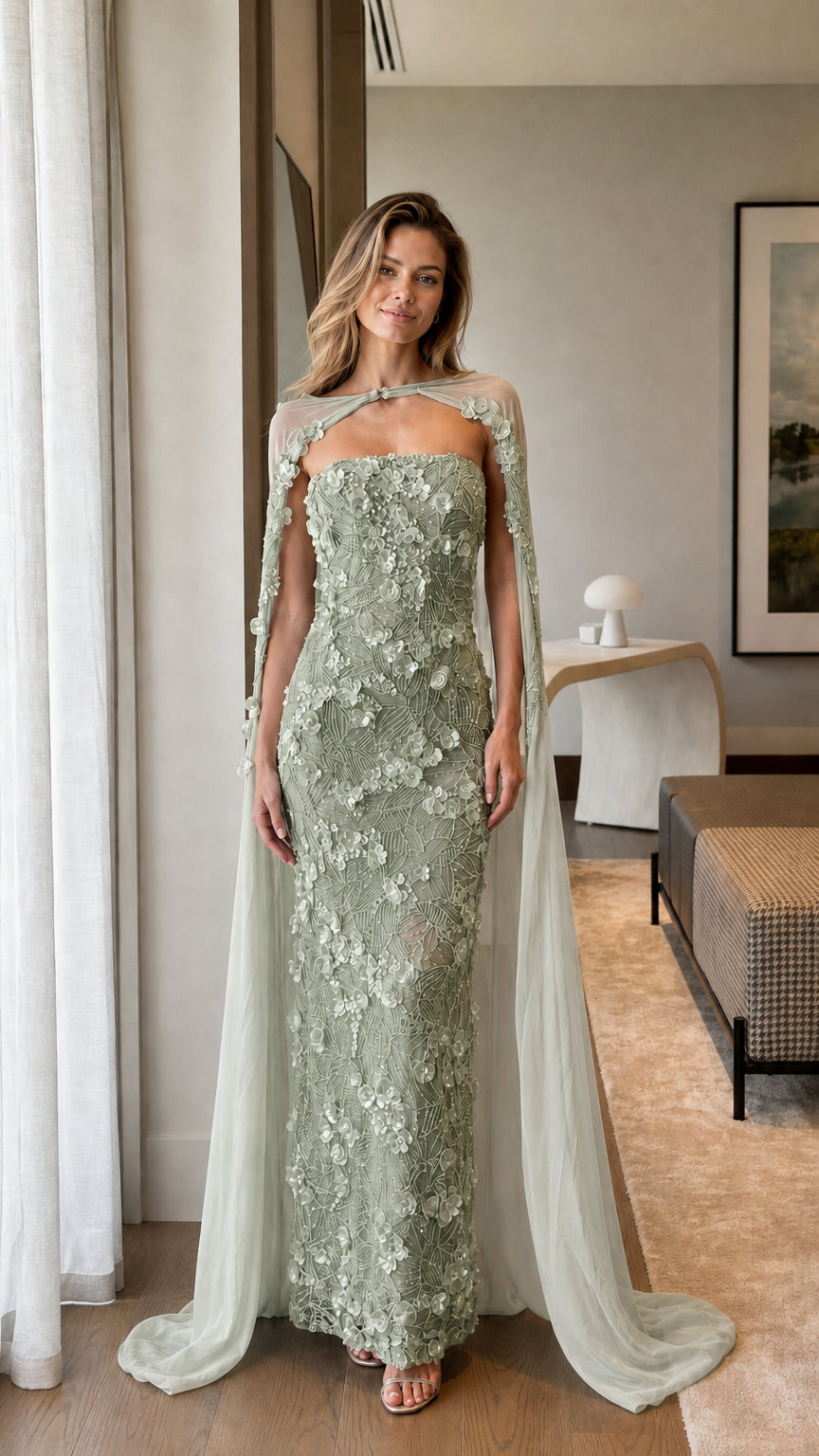 Sage Green strapless beaded gown with elegant matching cape attachment