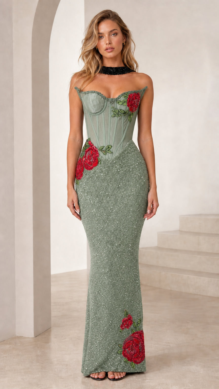 Sage green color variant of beaded corset gown