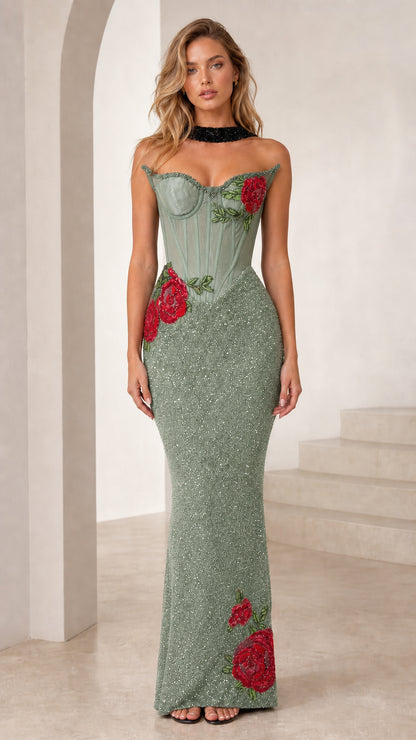 Sage green color variant of beaded corset gown