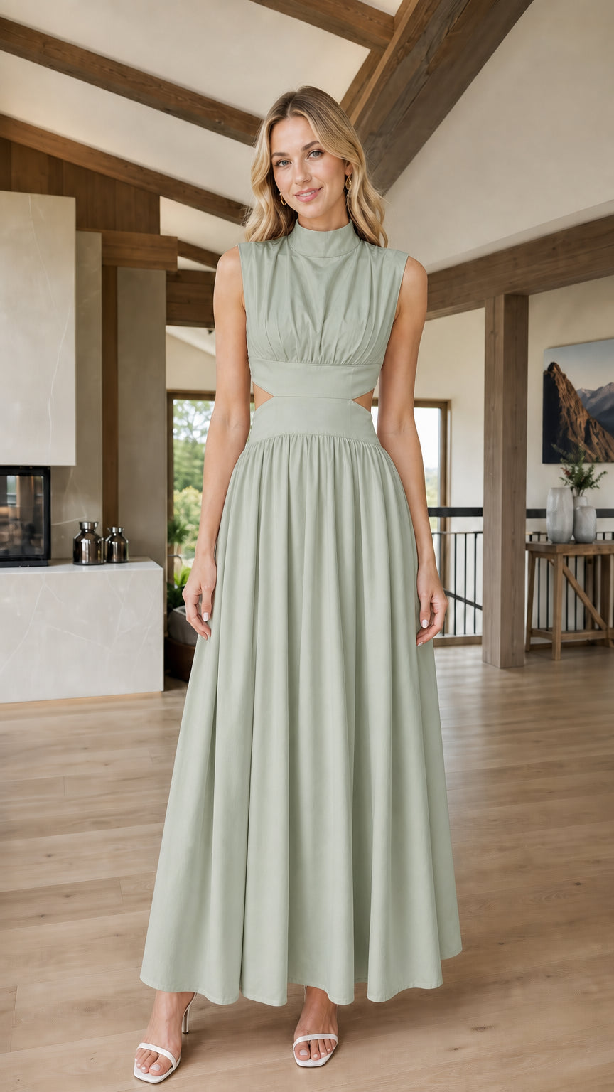 Front view of woman wearing sage green cutout maxi dress