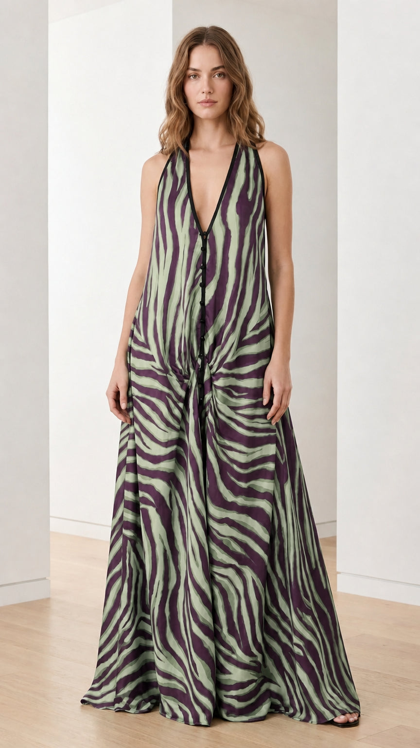 Woman wearing green and purple zebra print halter maxi dress