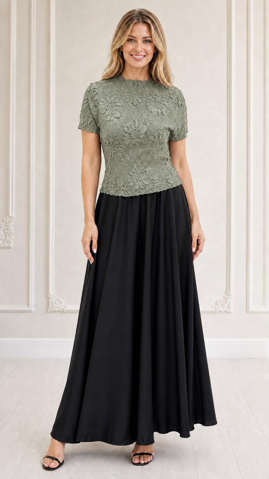 Model wearing sage green textured floral bodice maxi dress