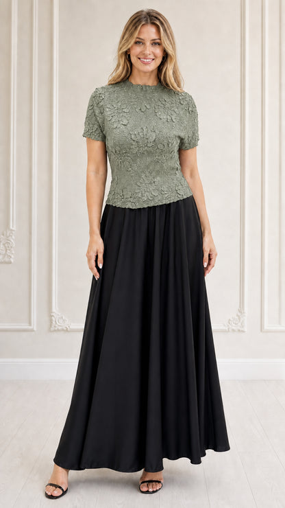 Model wearing sage green textured floral bodice maxi dress