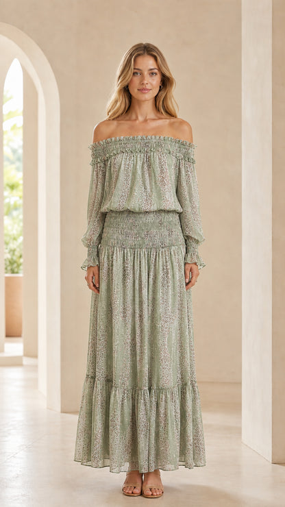 Full-length view of woman wearing Sage Green printed off-the-shoulder smocked maxi dress