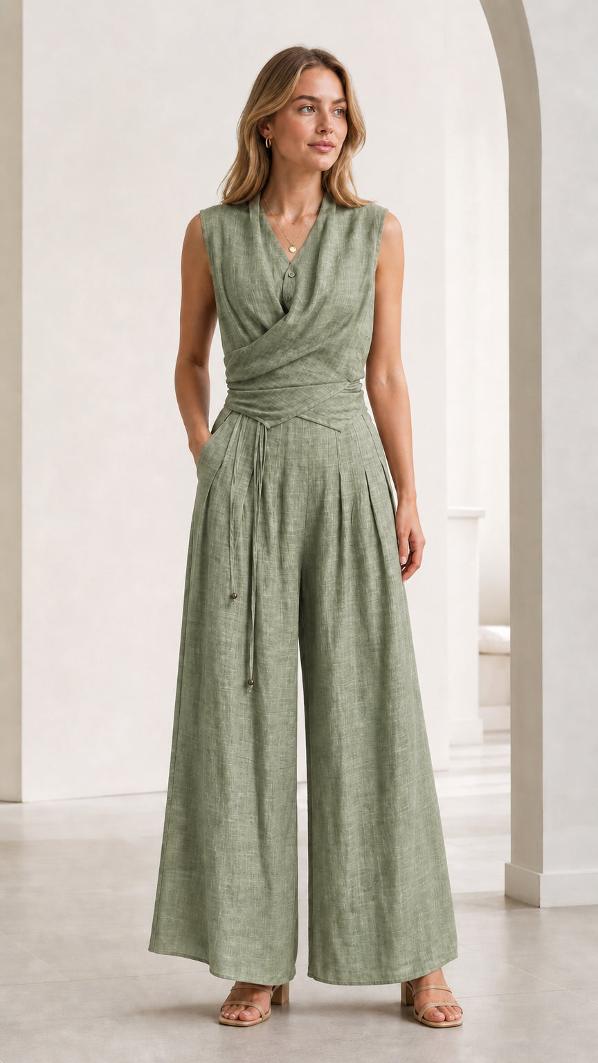 Front view of woman wearing Sage Green sleeveless wrap front wide-leg jumpsuit