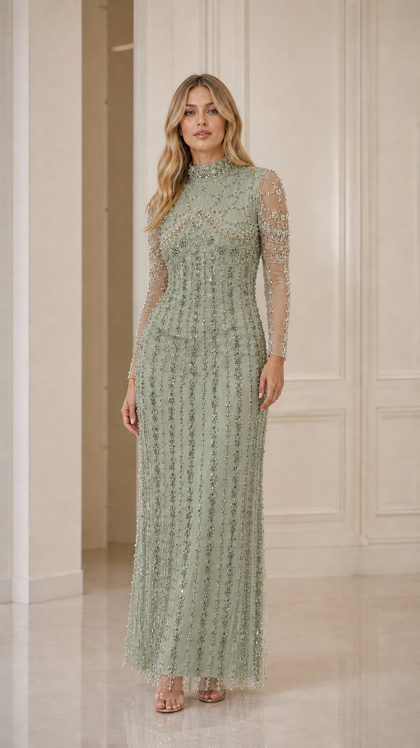 Sage green high neck beaded evening gown