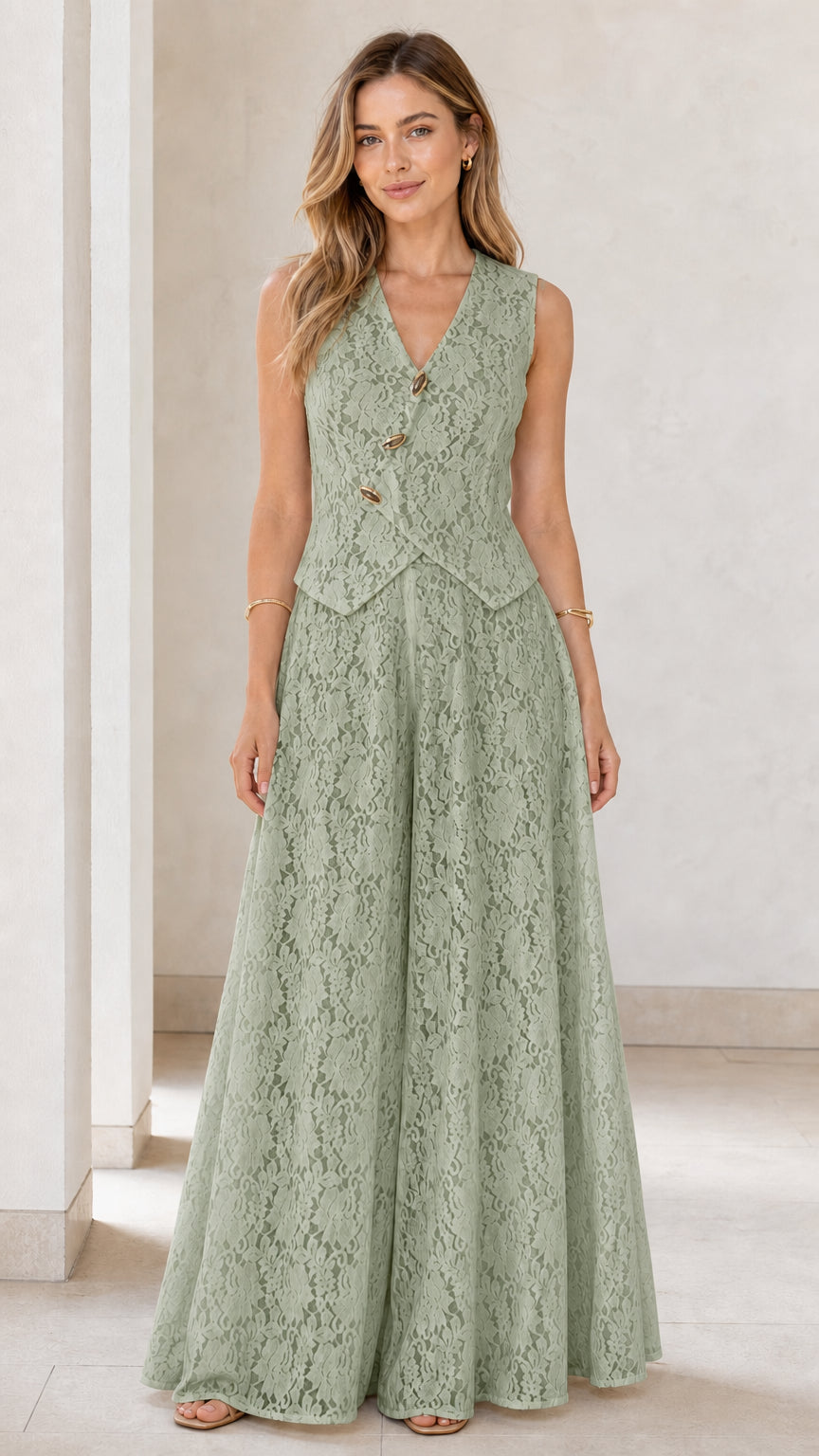 Model wearing sage green lace vest and wide leg jumpsuit
