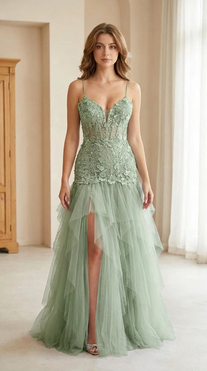 Front view of model wearing sage green embroidered tulle prom dress
