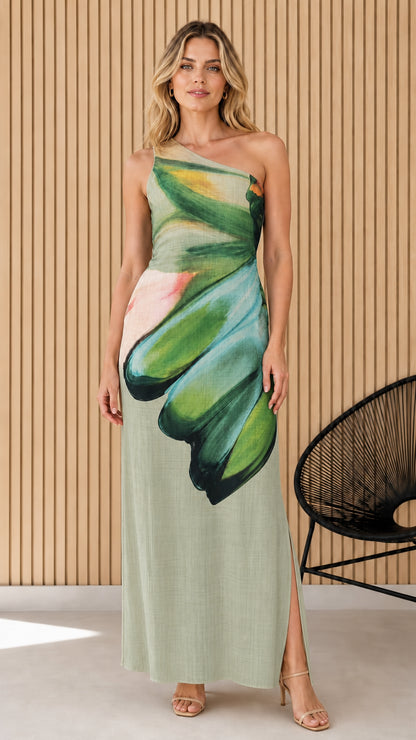 Front view of one-shoulder maxi dress in sage green