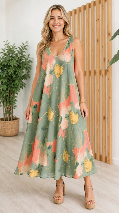 Woman wearing green variant of the floral maxi dress