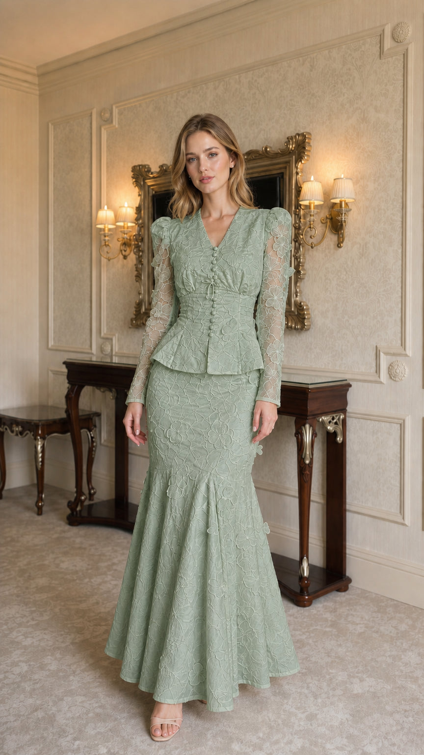 Model wearing sage green lace two-piece set, front view