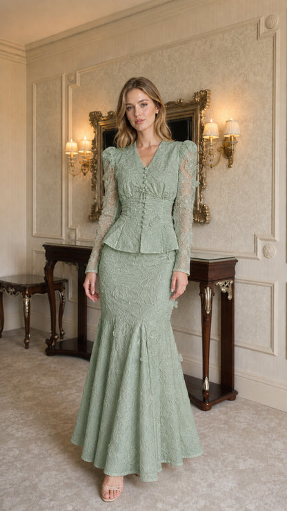 Model wearing sage green lace two-piece set, front view