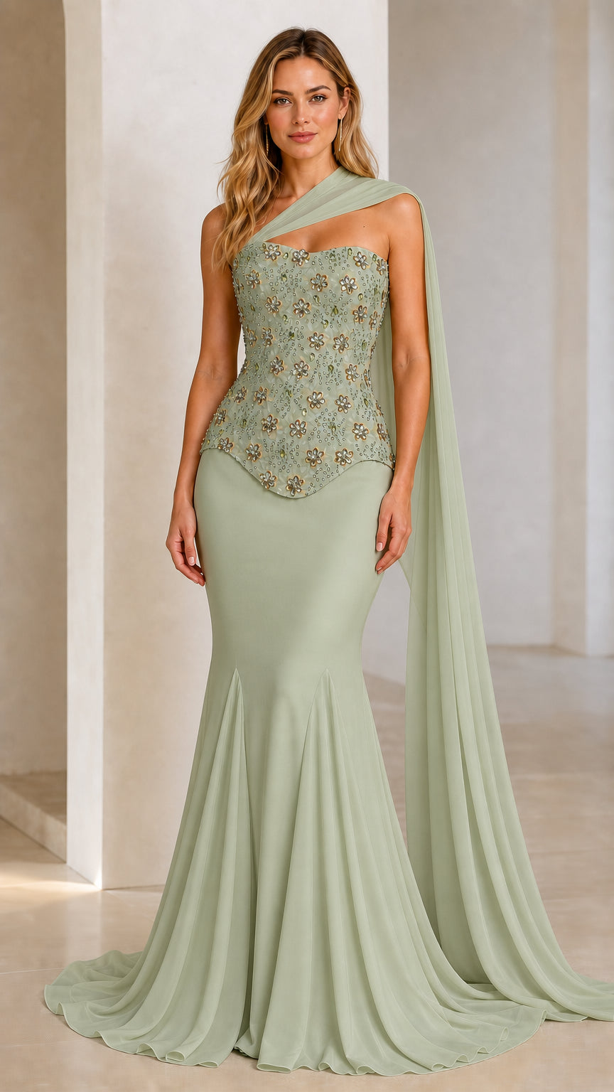 Front view of sage green beaded one-shoulder evening dress