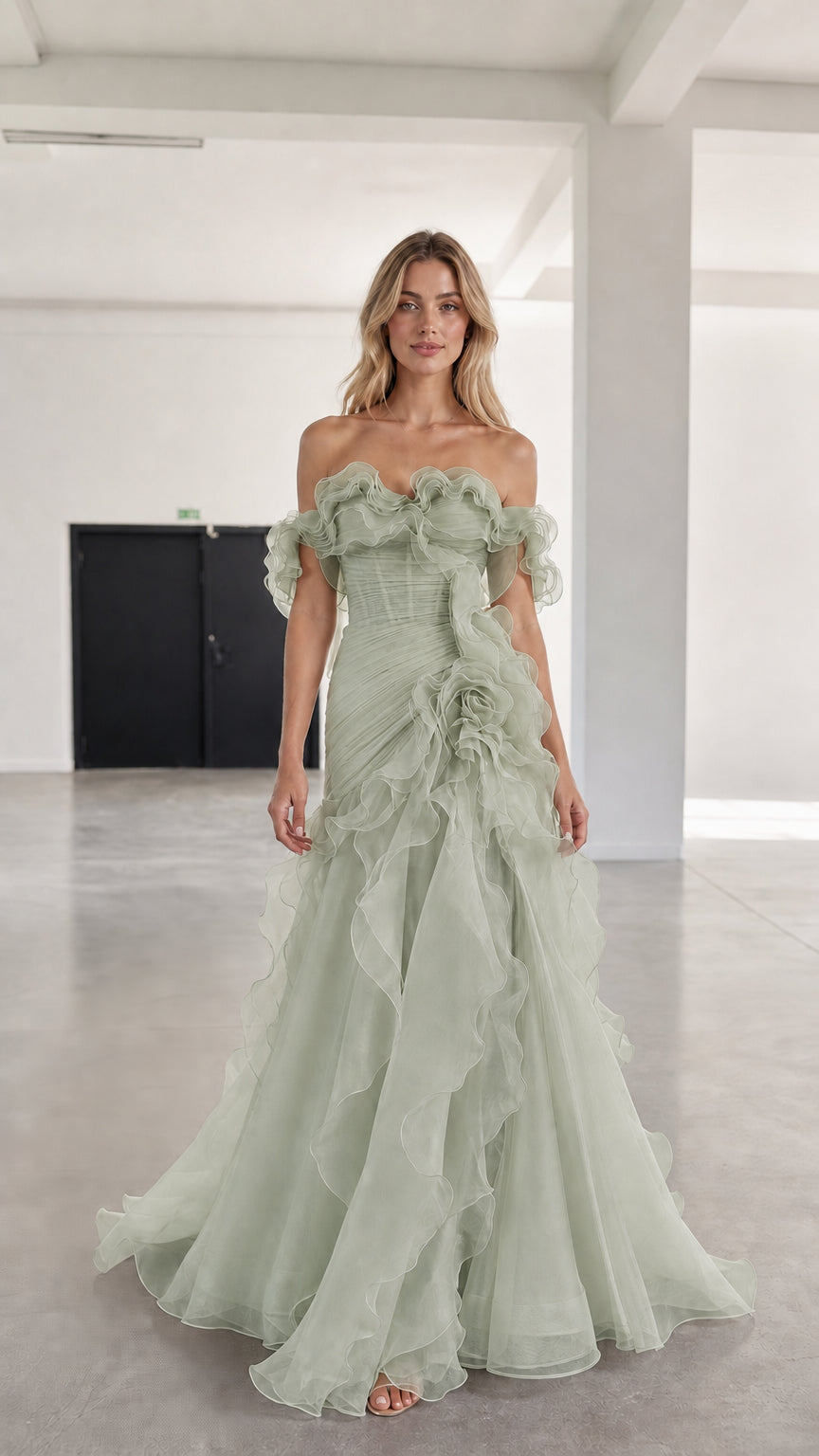 Front view of sage green off-shoulder ruffled tulle evening gown