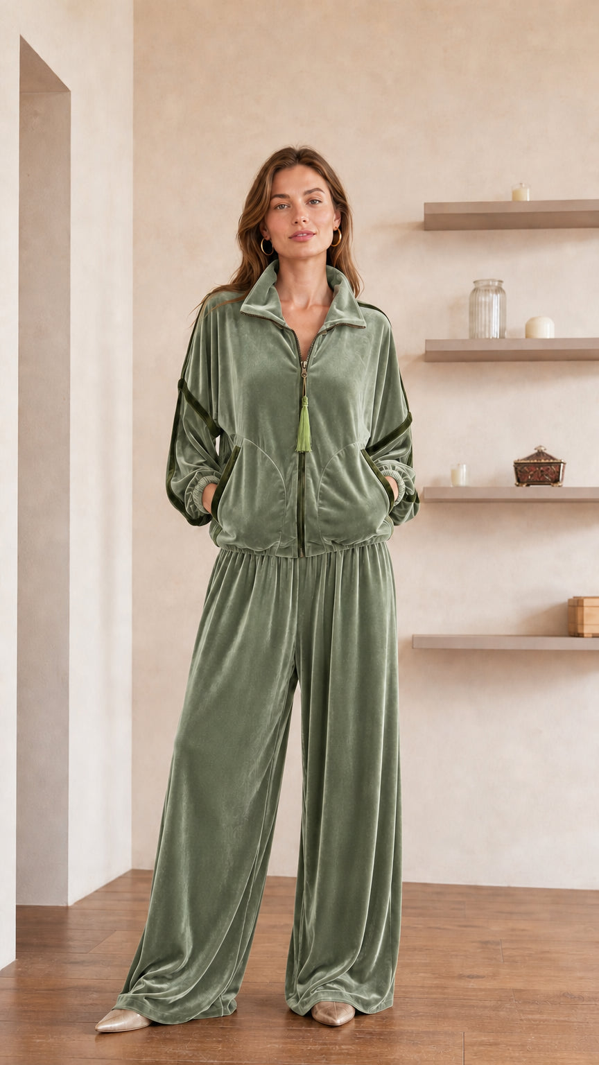 Model wearing sage green velvet tracksuit set