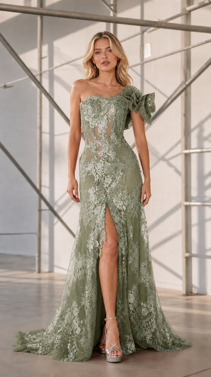 Front view of sage green one-shoulder formal dress