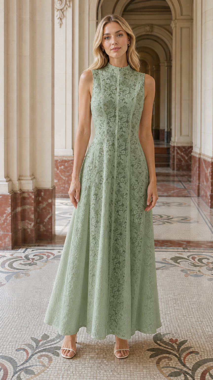 Full length view of woman wearing sage green lace maxi dress