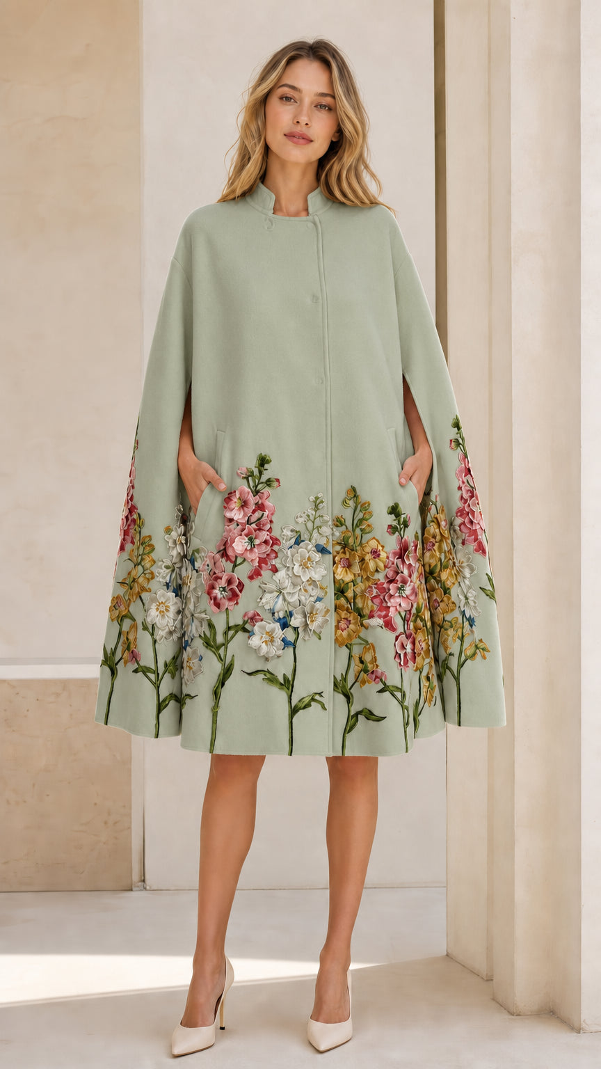 Front view of Sage Green floral embroidered cape coat on model