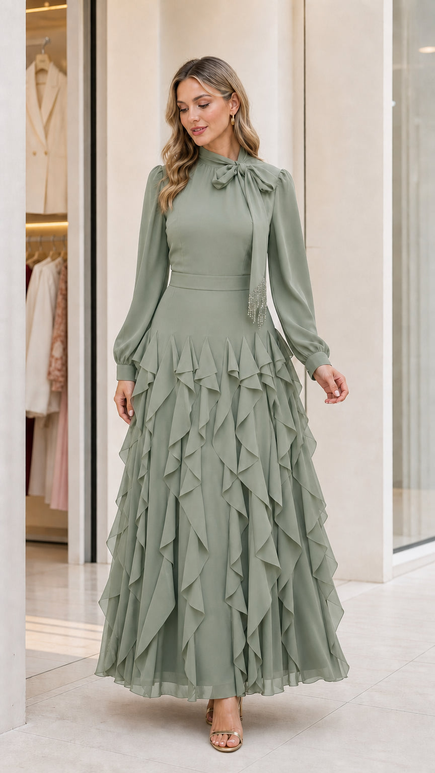 Front view of sage green long sleeve ruffled maxi dress