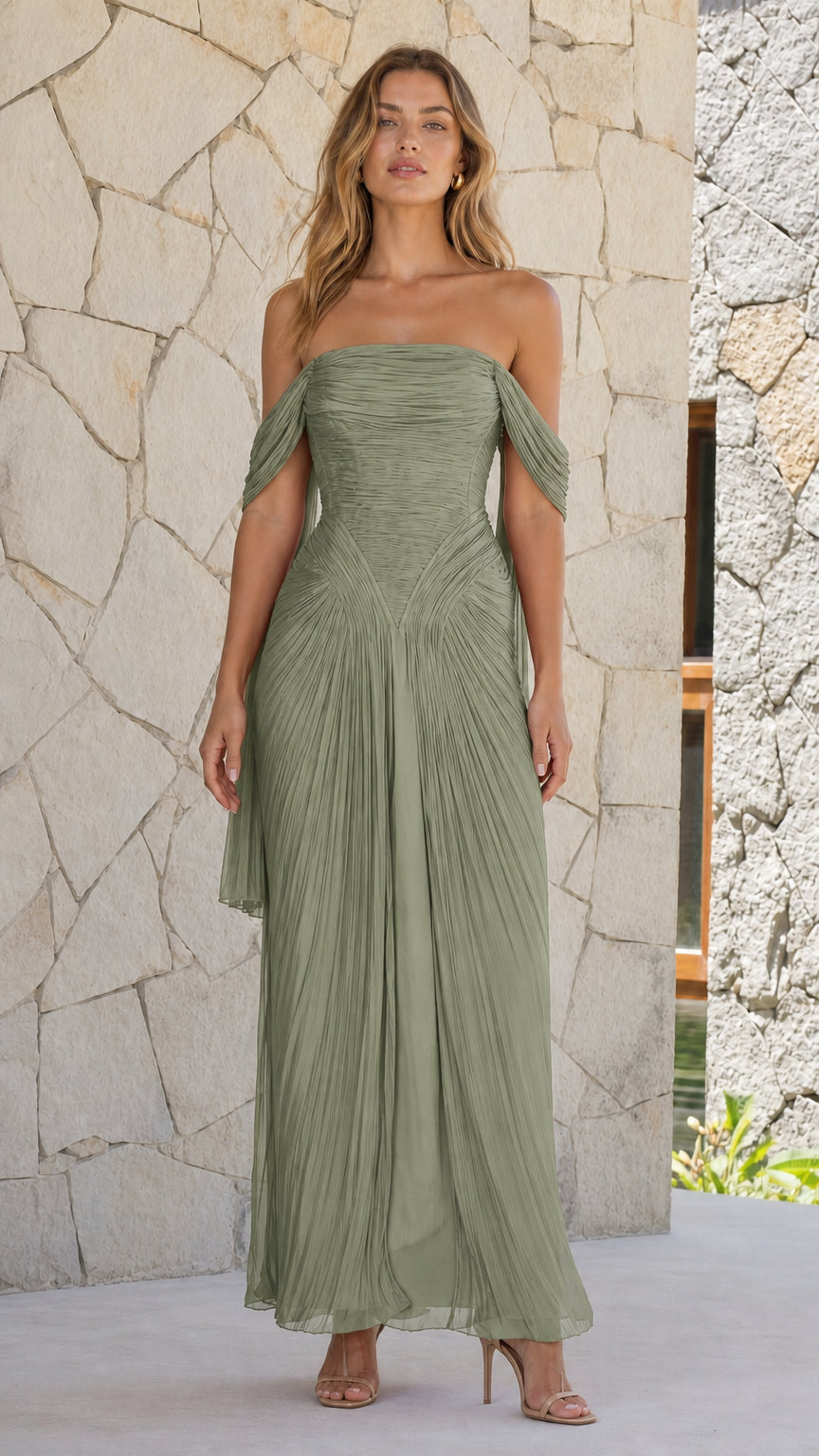 Front view of sage off-shoulder pleated maxi dress