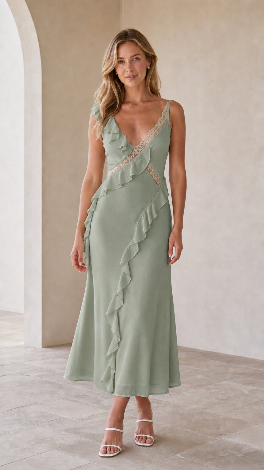 Model wearing sage green ruffled lace-trim slip midi dress