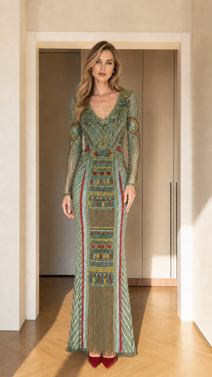 Sage green embellished geometric evening gown with long sleeves