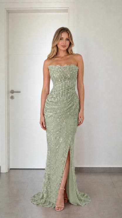 Front view of sage green strapless sequin lace formal evening dress with high slit