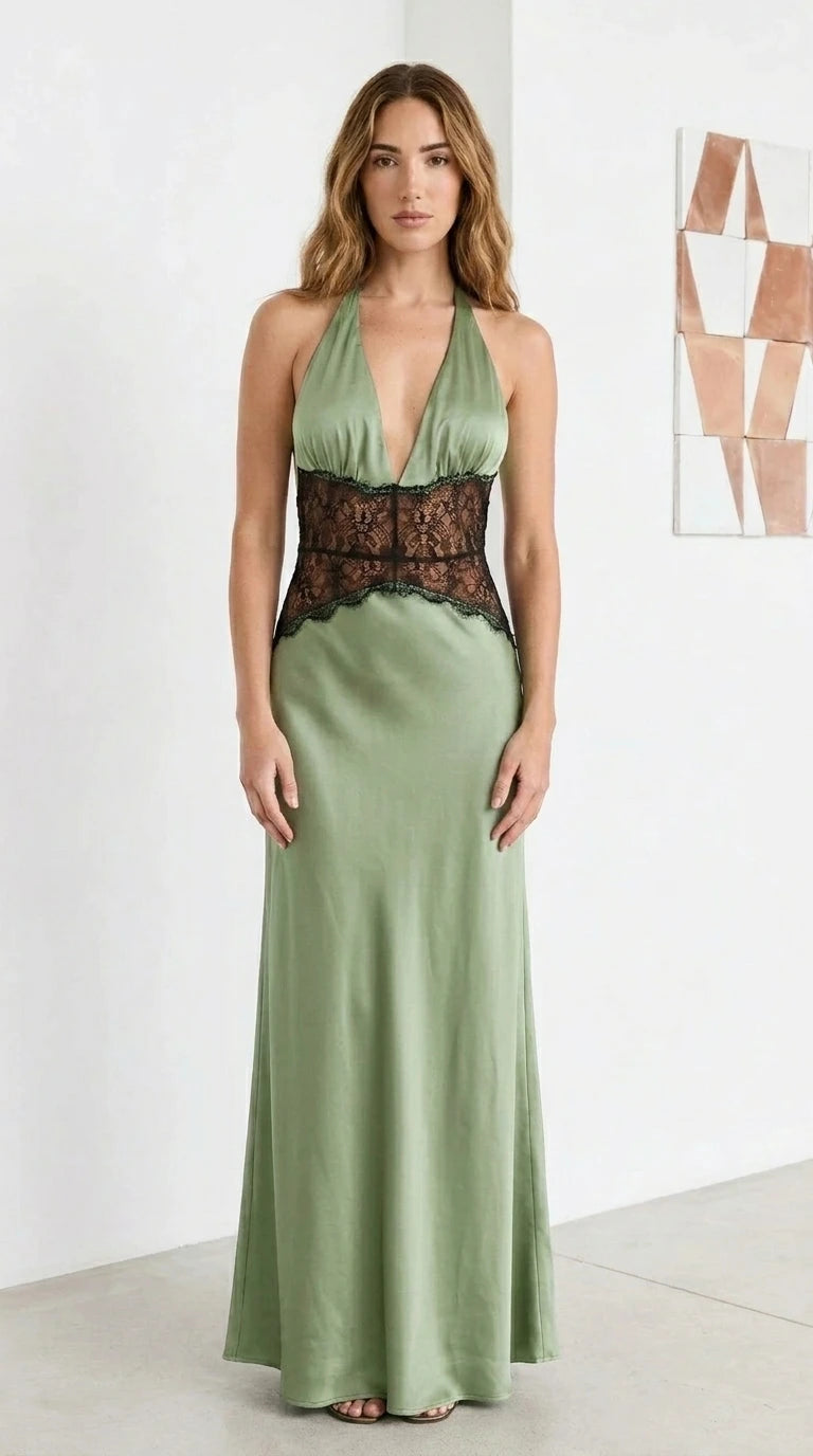 Front view of green satin halter maxi dress