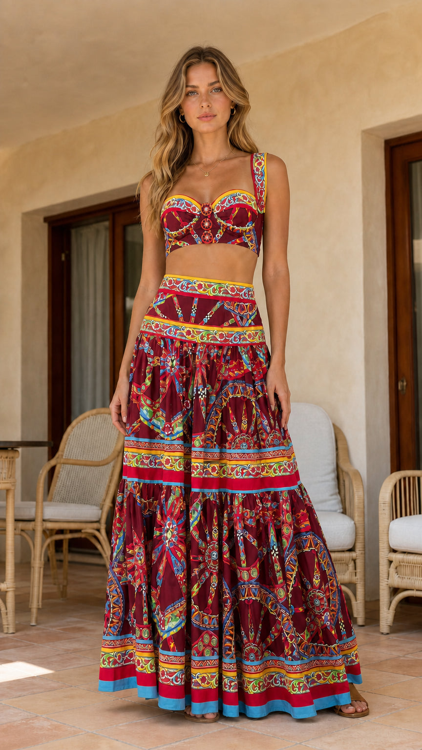 Model wearing burgundy variant of the printed coordinating set