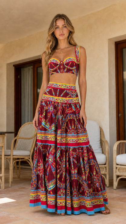 Model wearing burgundy variant of the printed coordinating set