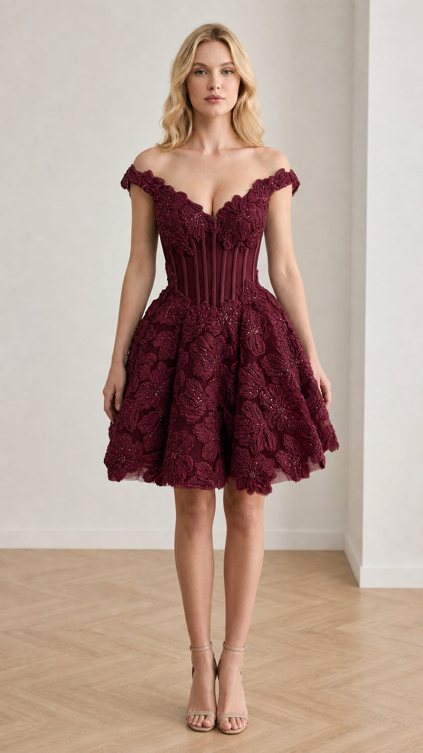 Front view of Burgundy floral corset mini dress