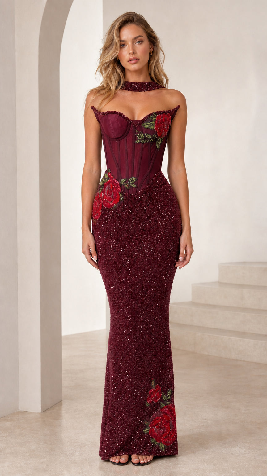 Burgundy color variant of formal evening dress