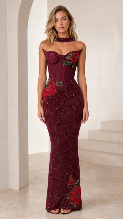 Burgundy color variant of formal evening dress