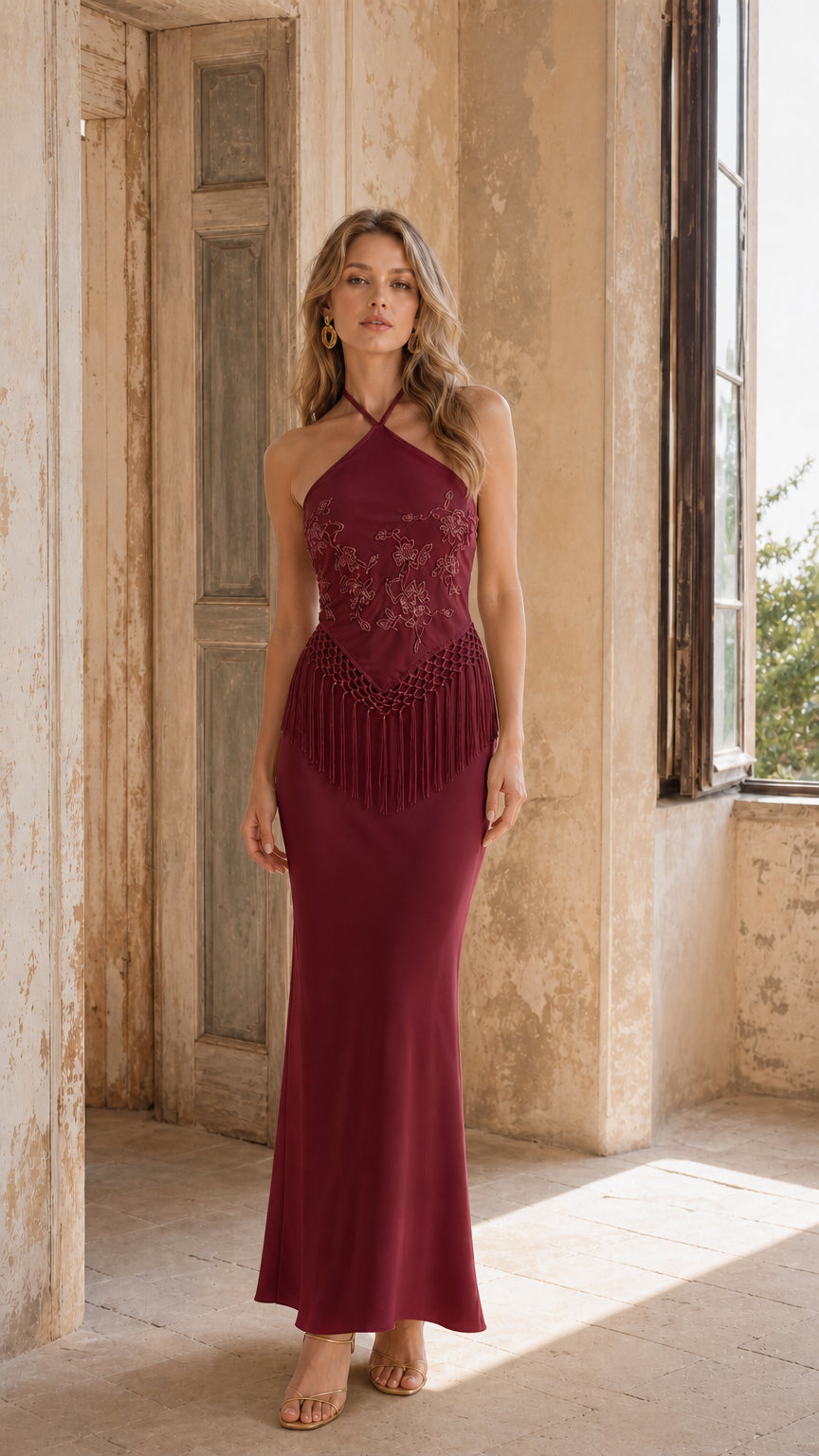 Front view of Burgundy halter neck embroidered fringe maxi dress