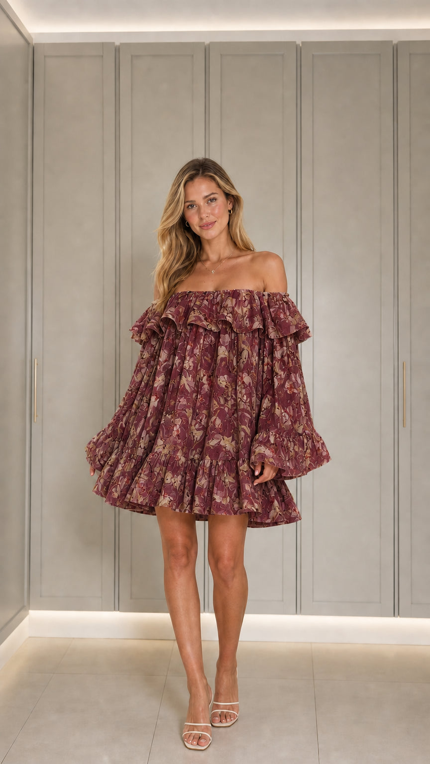 Front view of model wearing burgundy floral mini dress