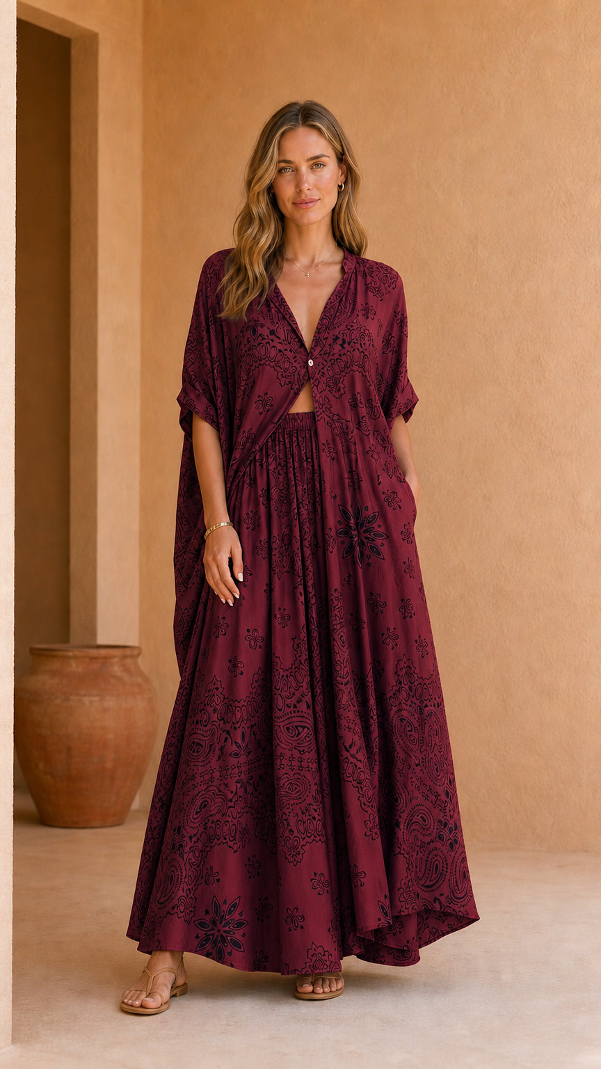 Model wearing burgundy printed two-piece kaftan and maxi skirt set