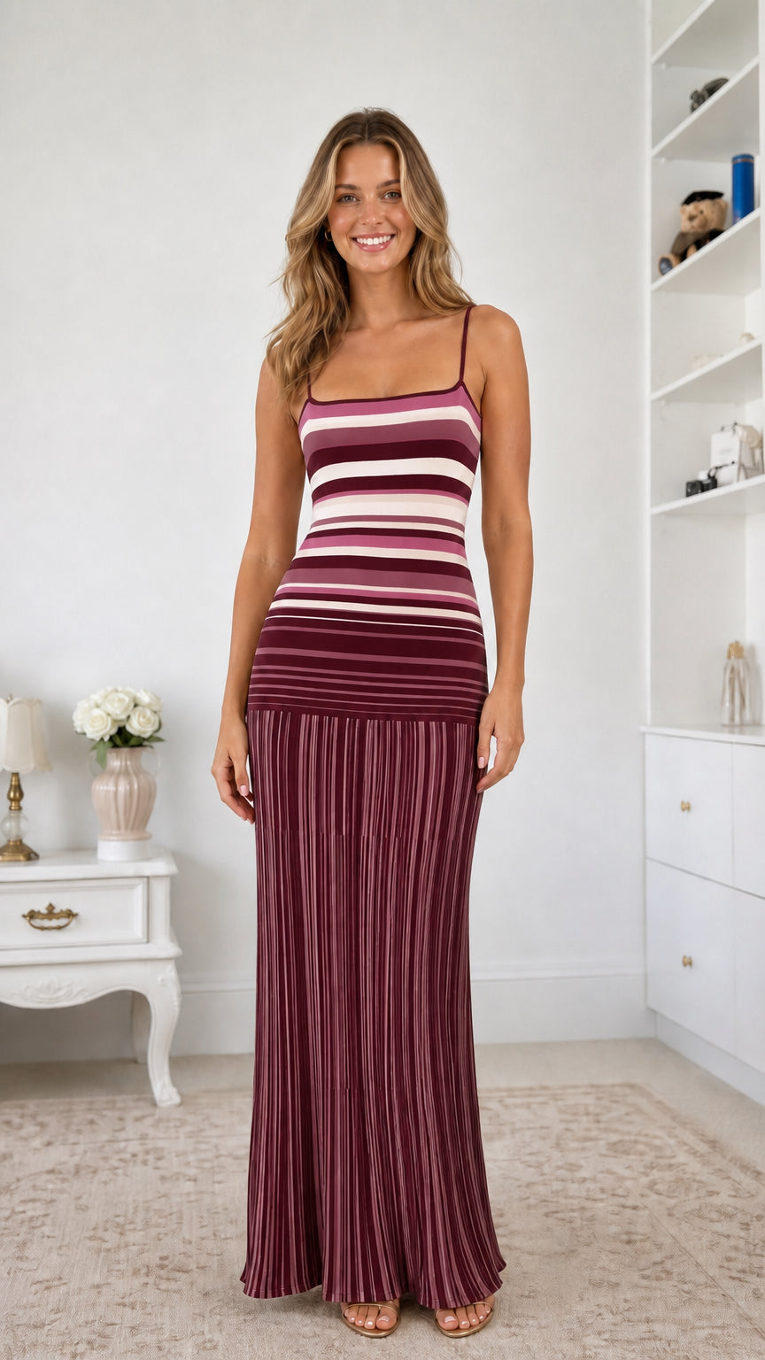 Front full view of burgundy color variant of striped knit maxi dress