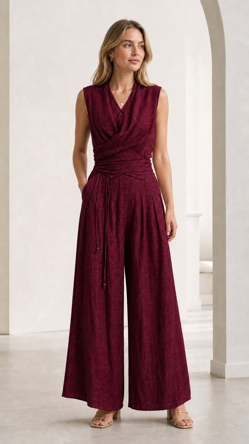 Front view of woman wearing Burgundy sleeveless wrap front wide-leg jumpsuit