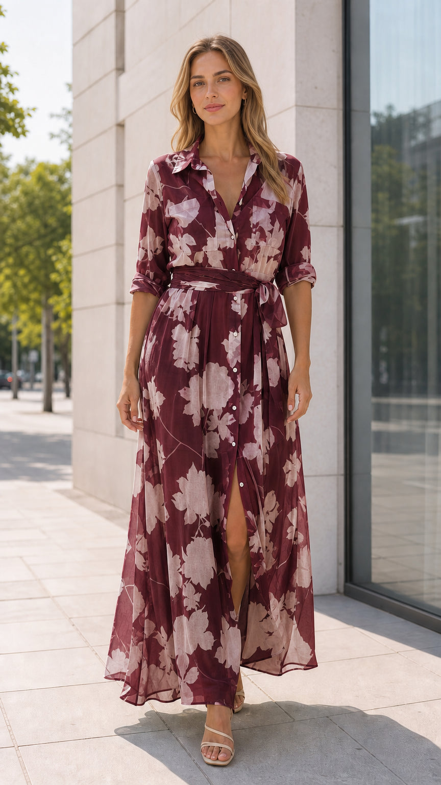 Burgundy floral print maxi shirt dress with flowing skirt